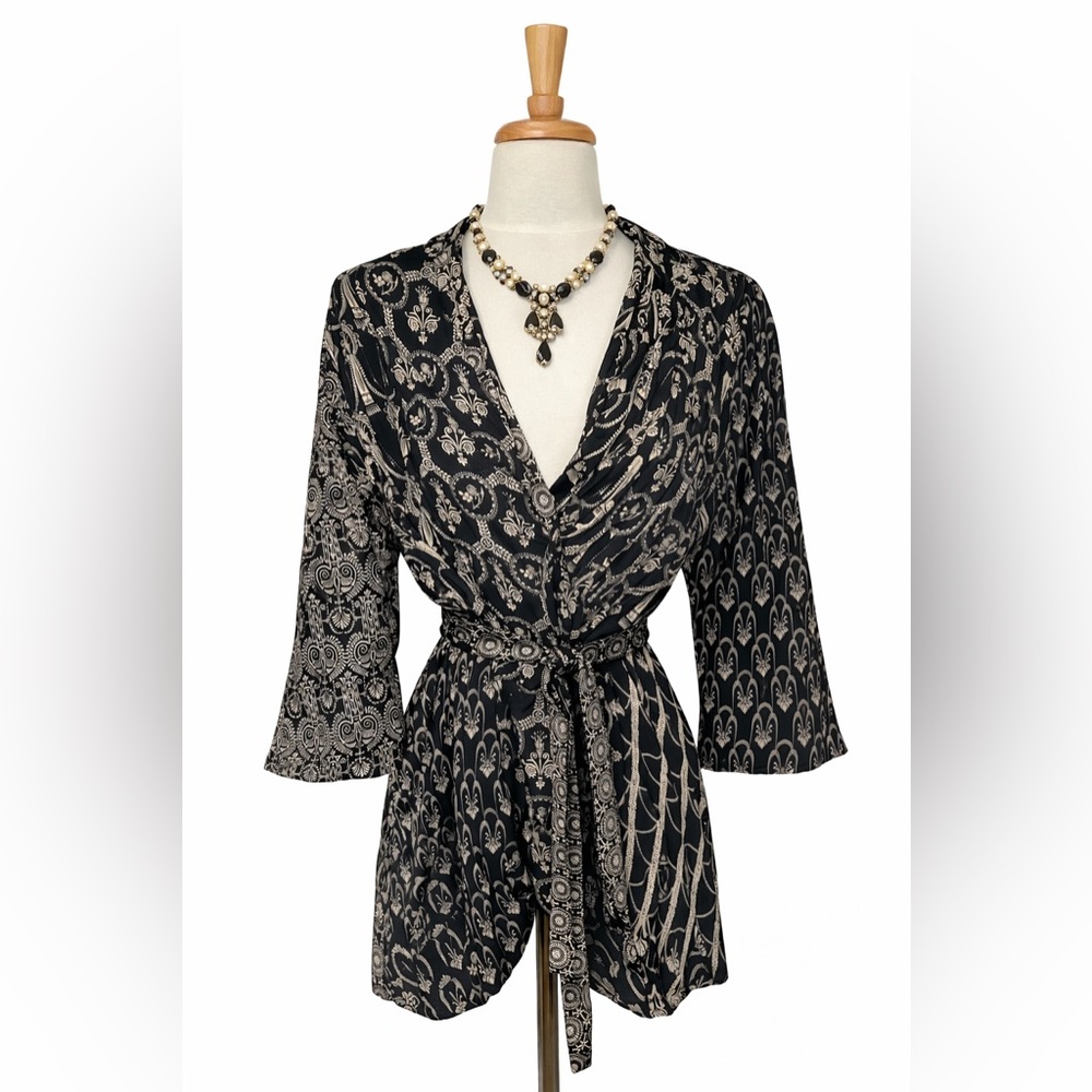 Vintage Lyn Kohls New York 100% Silk Baroque Scarf Print Belted Jacket Size 12